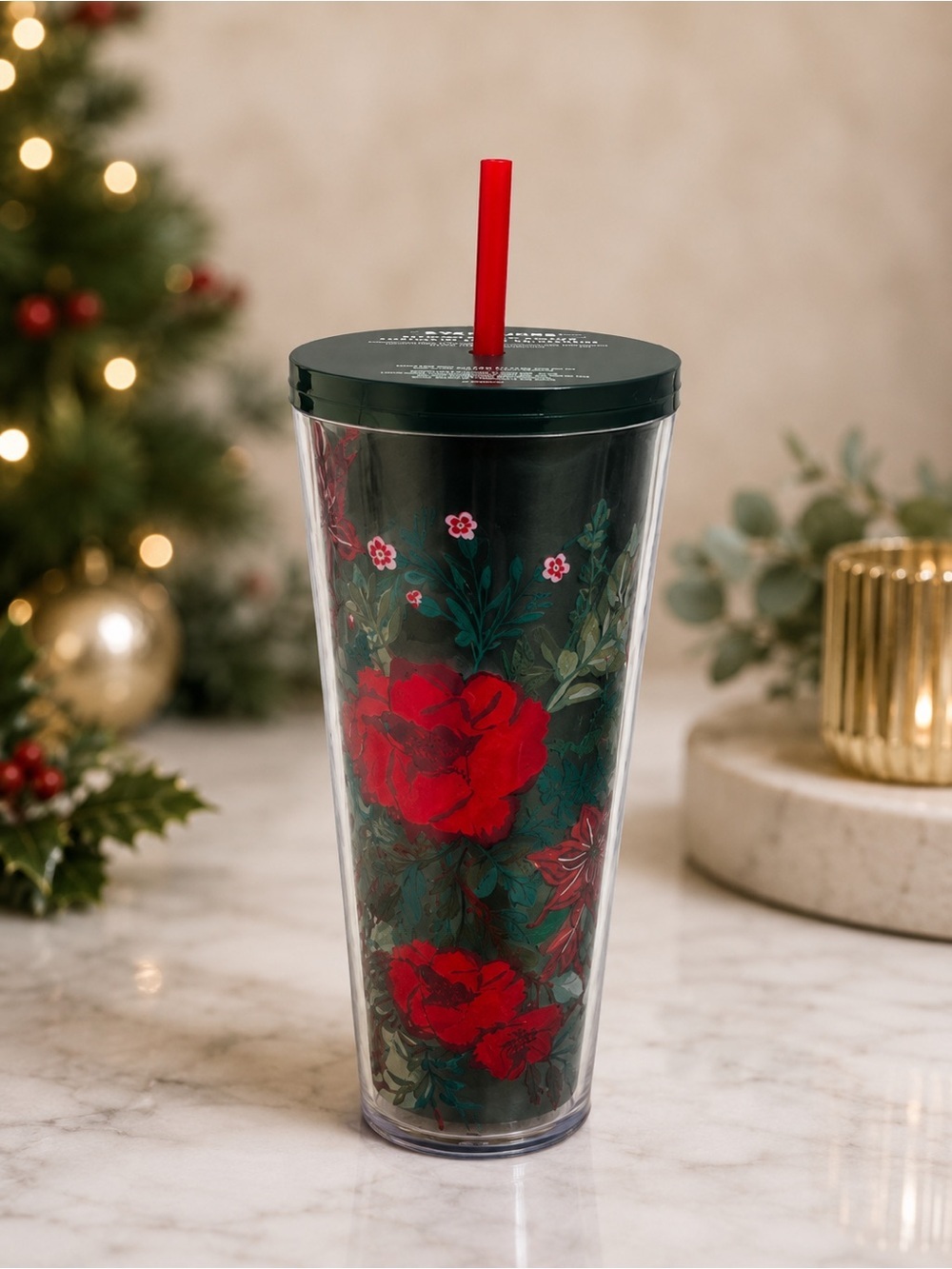 Starbucks Holiday Poinsettia Cold Cup Tumbler 24 oz NWT Christmas Red Green